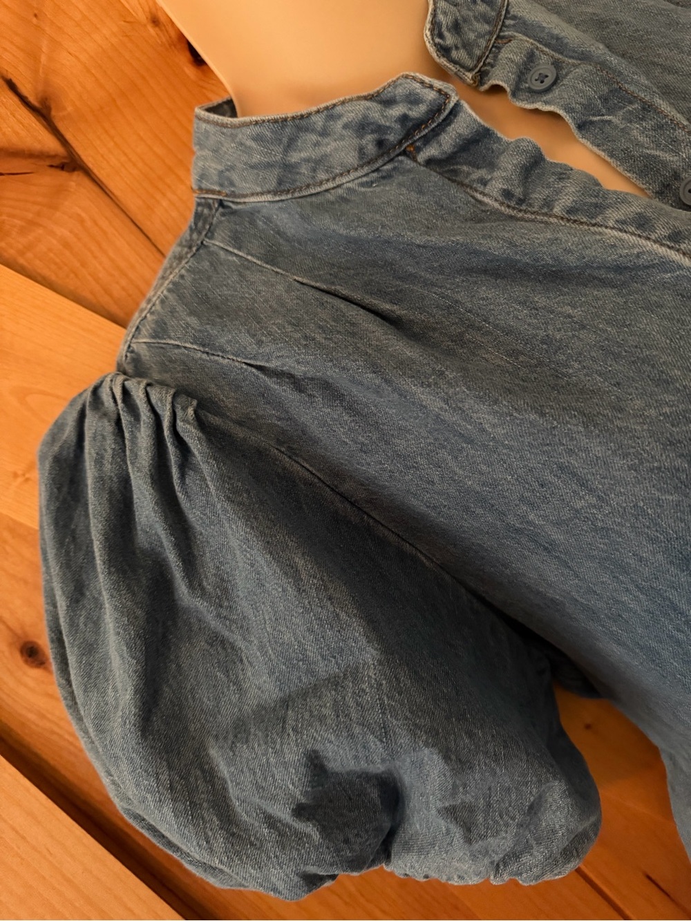 Denim Chambray Puff Sleeve Button Up Prairie Blouse Cottagecore Top - Picture 3 of 12